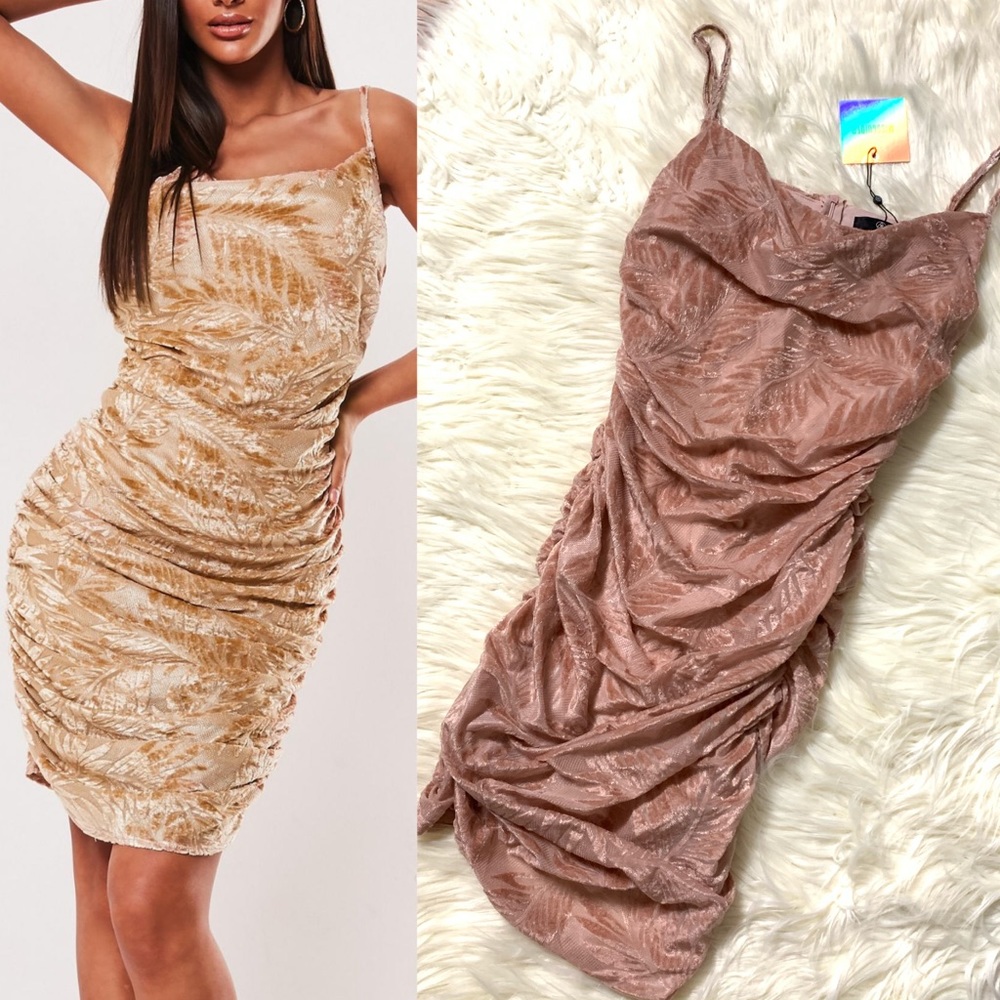 Missguided Blush Palm Devore Ruche Slip Dress
